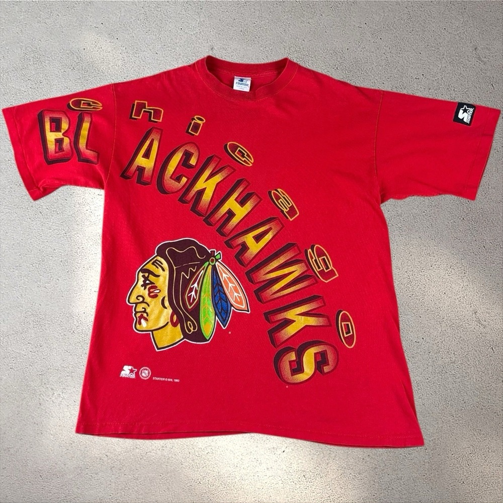 VTG 90s Starter Chicago Blackhawks NHL Hockey T-Shirt‎ Black Mens Large USA